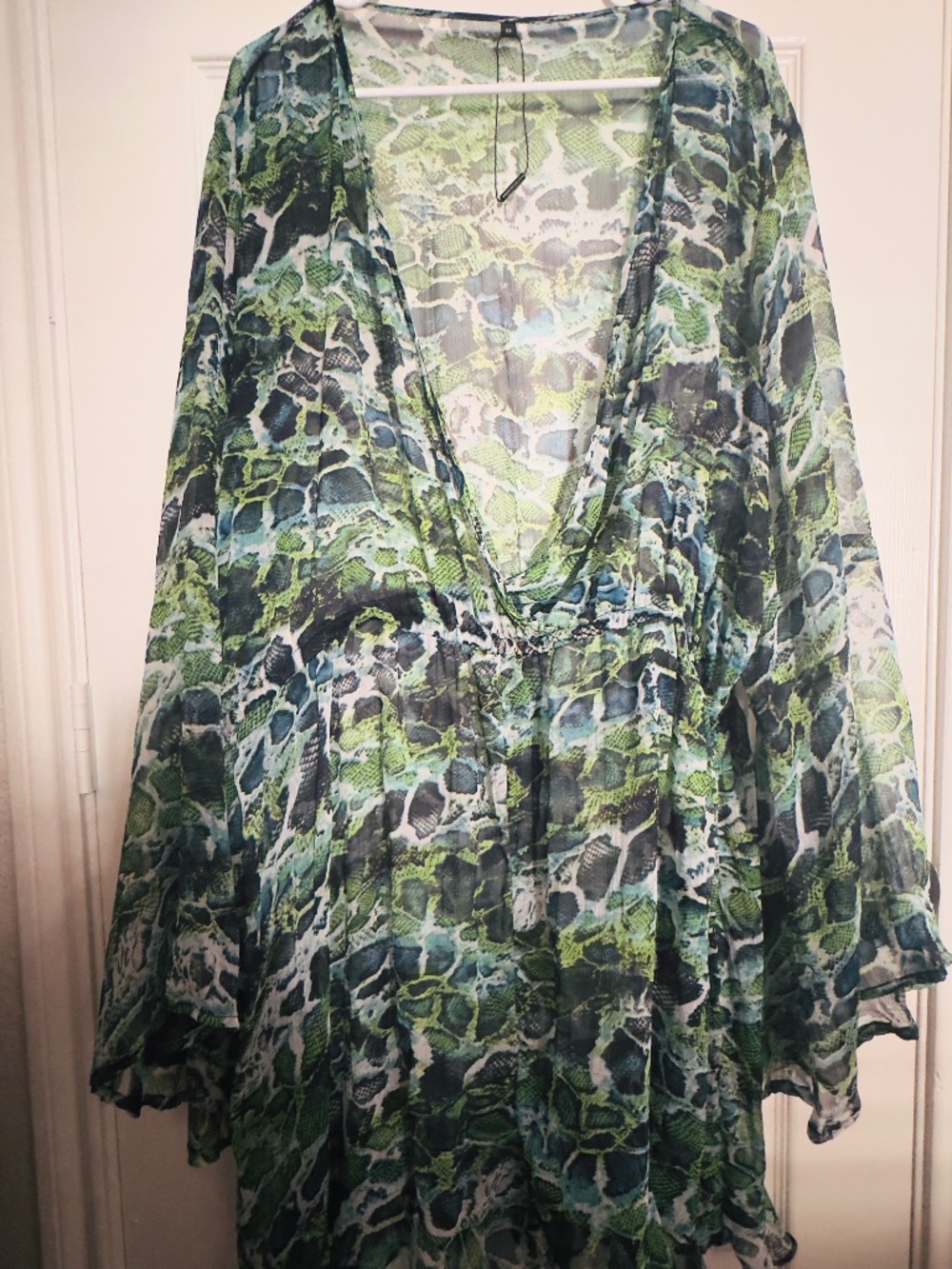 Green Blue Snake Print Sheer Kimono Cover-Up – Open Front Flowy Swim Cover